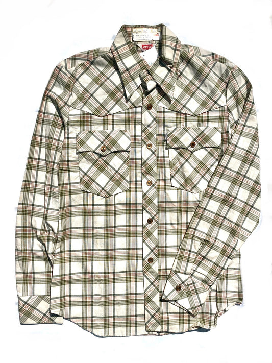 Levi’s western shirt checkered beige green pointed collar white tab sz L , BNWT mint