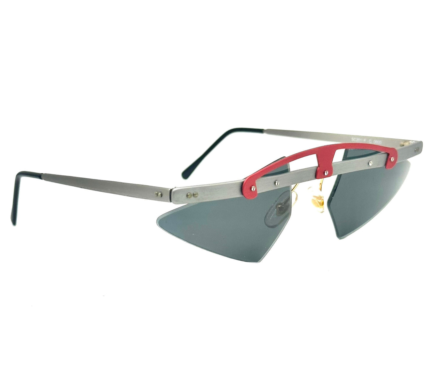Sin&Cos edgy silver metal sunglasses with metallized red upper bridge, eye catching avant garde design, NOS 90s