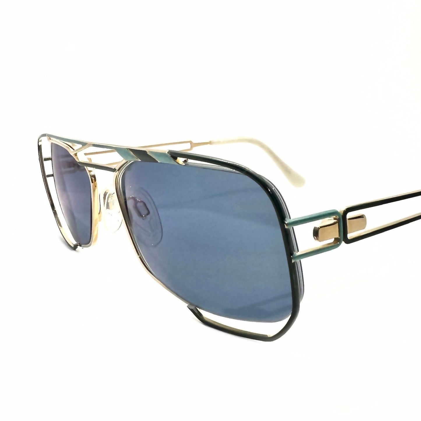 Neostyle jet 222 902 avant Garde sunglasses; gold w green and cyan enamel details & white cream ends, NOS 90s Germany