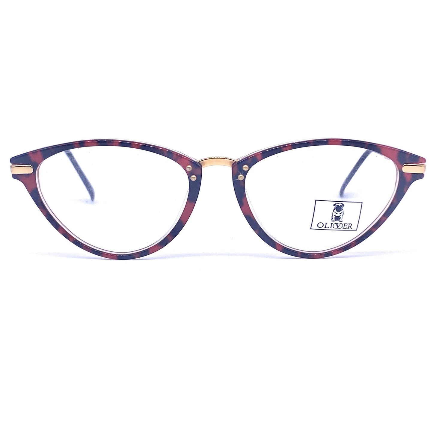 Oliver by Valentino red marbled cateye frames w golden metal temples - hinges, NoS '80 Italy