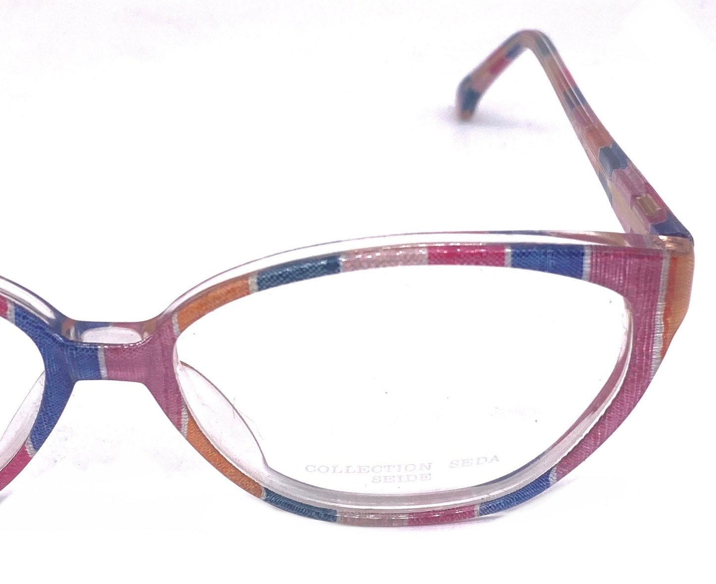 Tom Ferra colorful translucent cateye glasses w real striped silk fabric inlaid, NOS 80s Germany
