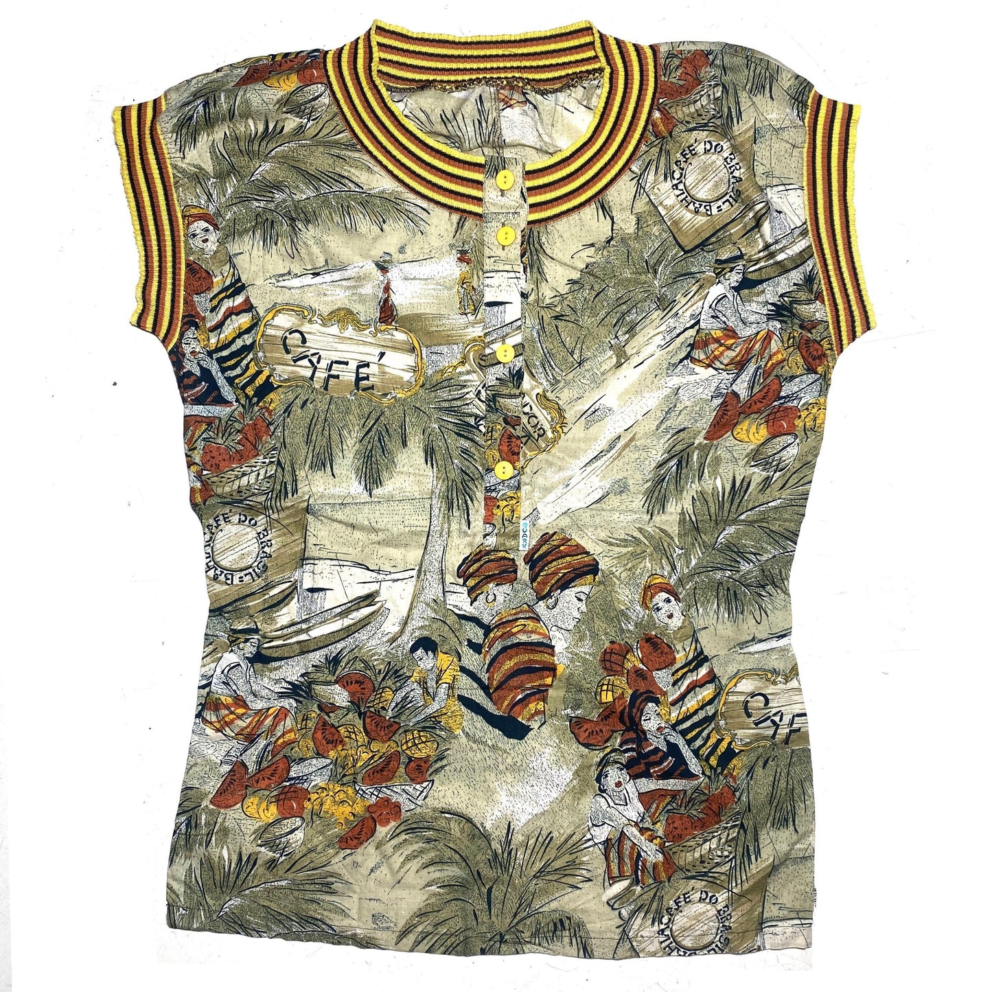 Cotton shirt with Brazil Coffe plants themed allover print, 80s mint condition