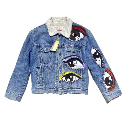 Carrera Jeans Sherpa Trucker denim indigo Eyes custom hand painted jacket, hand painted denim jacket made to order, custom made jacket