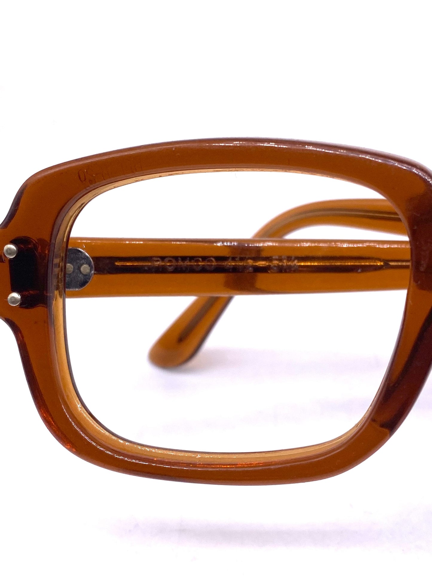 Romco US Army square brown translucent acetate glasses w silver metal pins, 1960s NOS brand new never worn