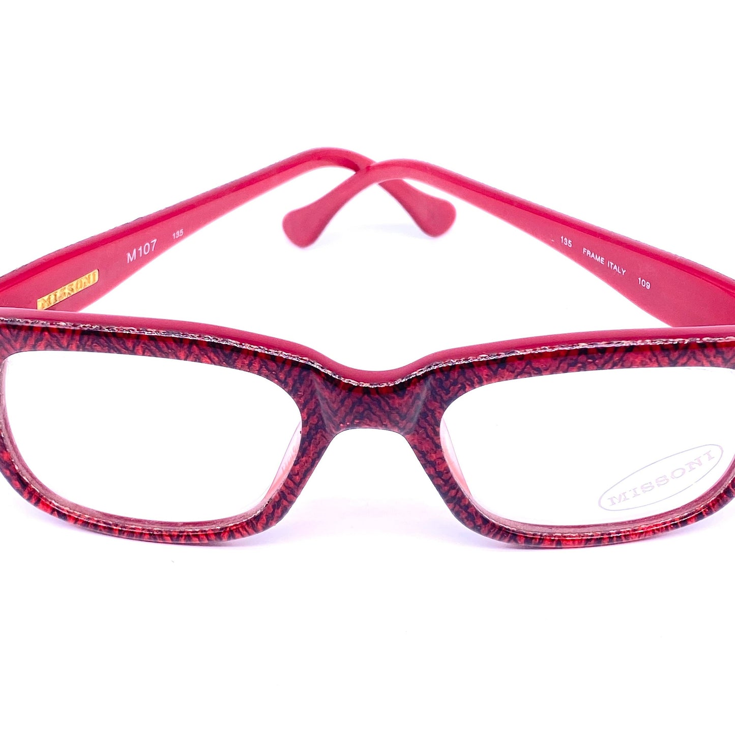 Missoni M107 iconic red chevron fabric inlaid square unisex frames, red base w black stripes, NOS 80s