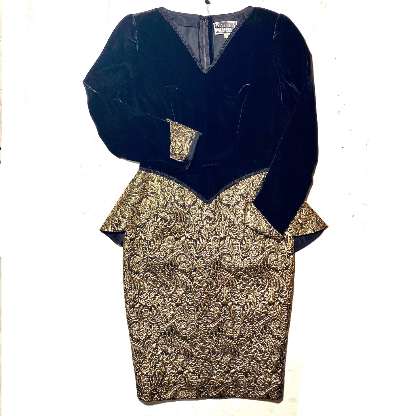 Dalila Dilazzaro NWT 80s black velvet / golden metal/wool broquade elegant evening dress, mint