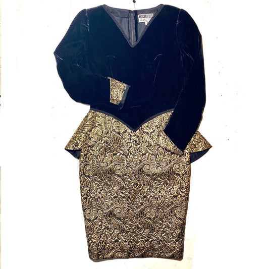 Dalila Dilazzaro NWT 80s black velvet / golden metal/wool broquade elegant evening dress, mint