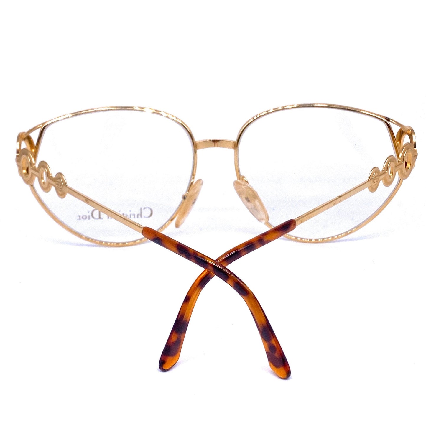 Christian Dior 2750 golden cateye oversized eyeglasses, space age cutoff oblò details, 1980s NOS
