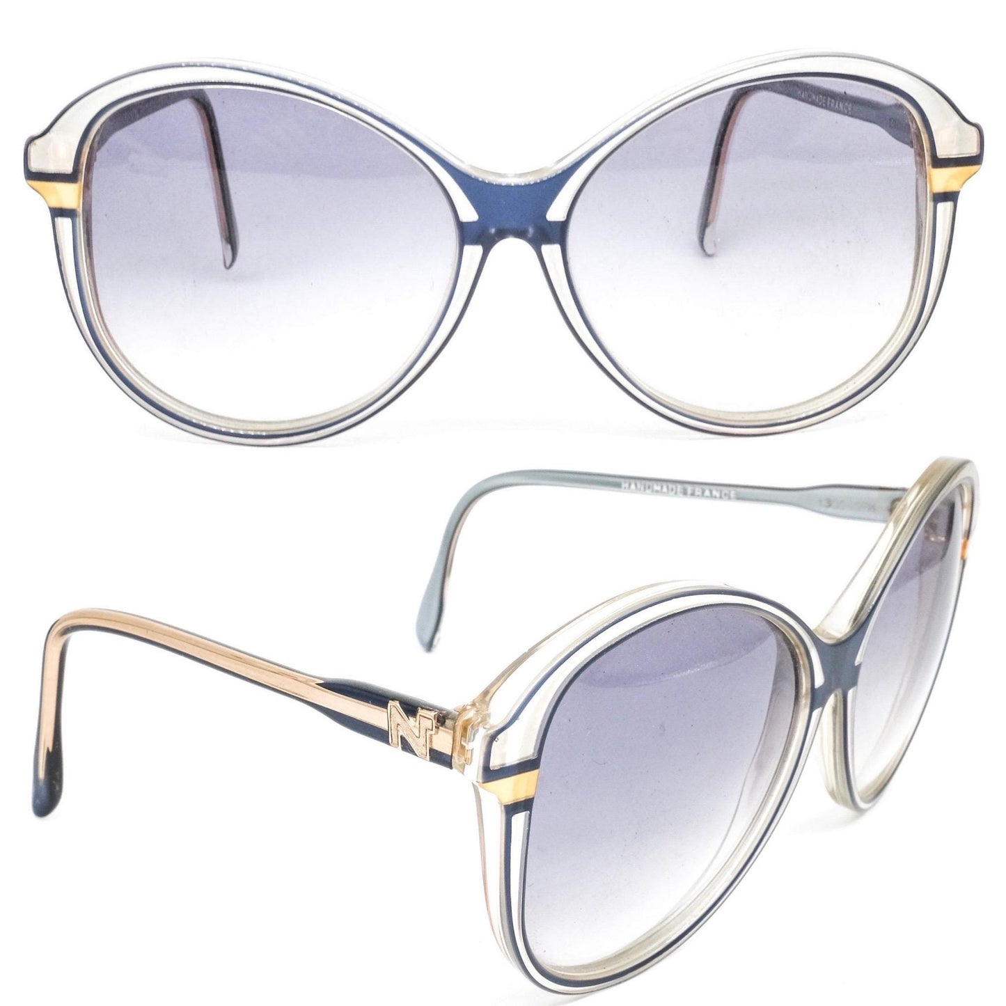 Nina Ricci round oversized blue/gold sunglasses hand made in France, 80s NoS