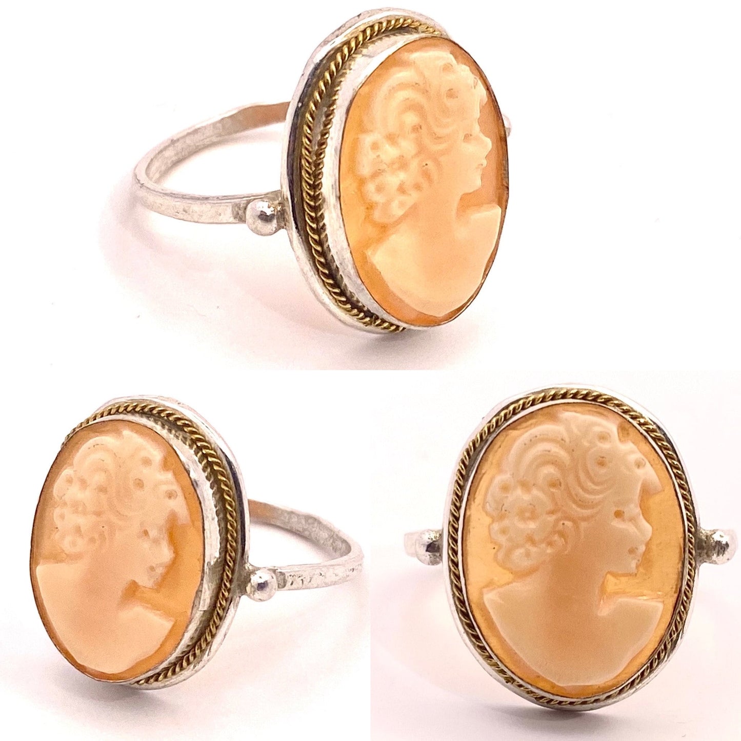Victorian lady & flowers shell-coral cameo on a classic 925 silver decó style ring; classic Italian jewelry NOS 50s