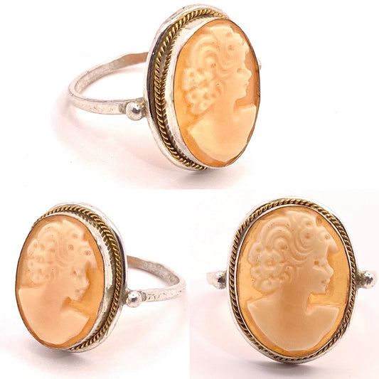 Victorian lady & flowers shell-coral cameo on a classic 925 silver decó style ring; classic Italian jewelry NOS 50s