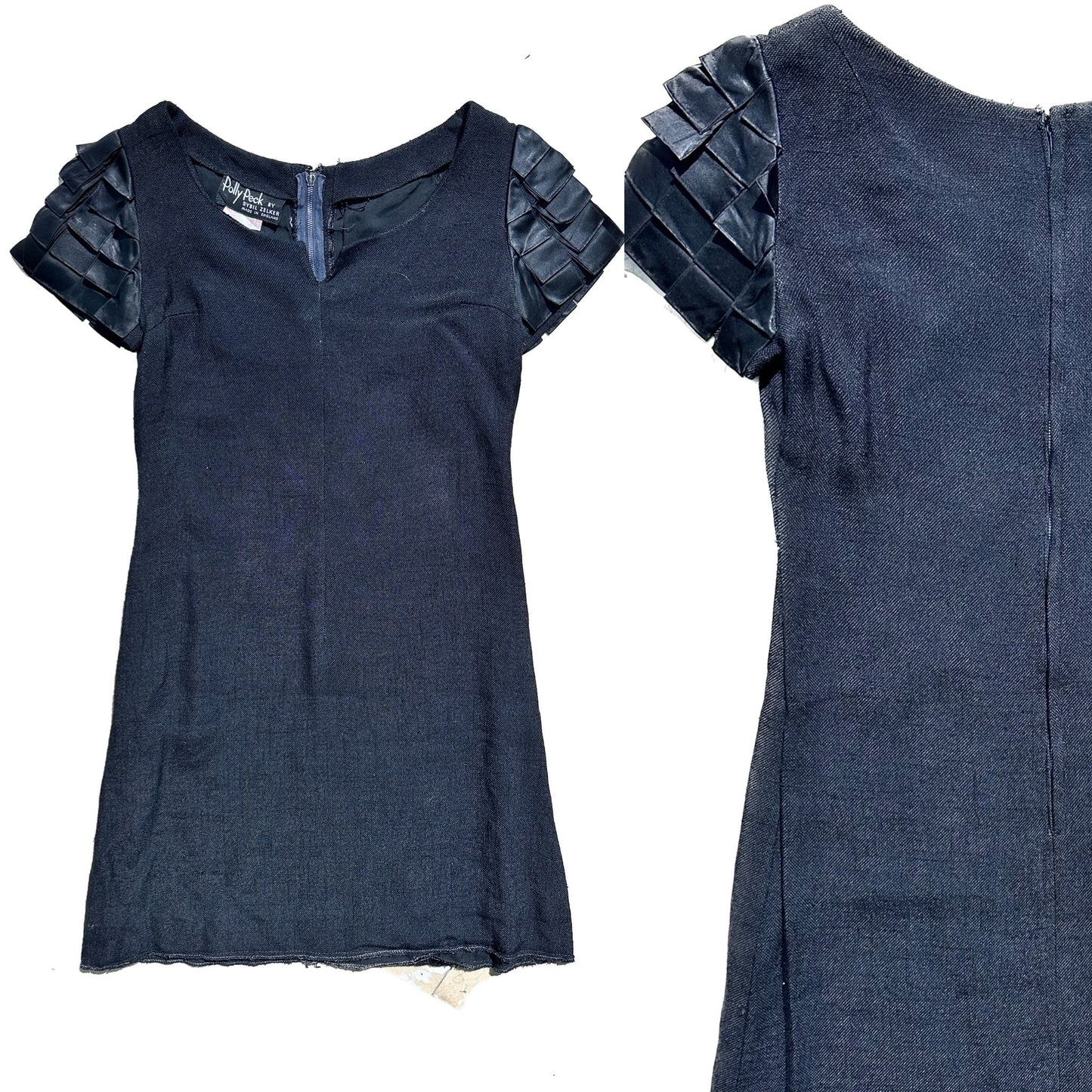 Polly Peck by Sybil Zelker 1960s black linen dress w pleated ribbon detail, mint