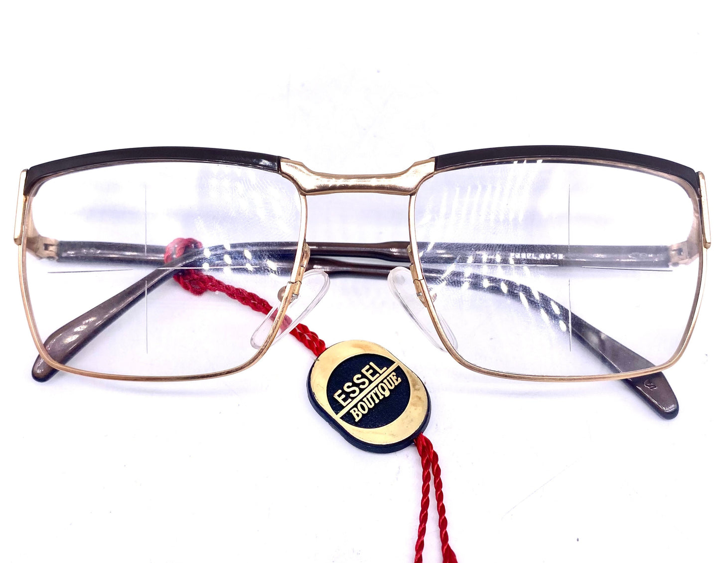 Essel Boutique NOS 60s square gold frames w dark brown coating on the brows and temples, with tag