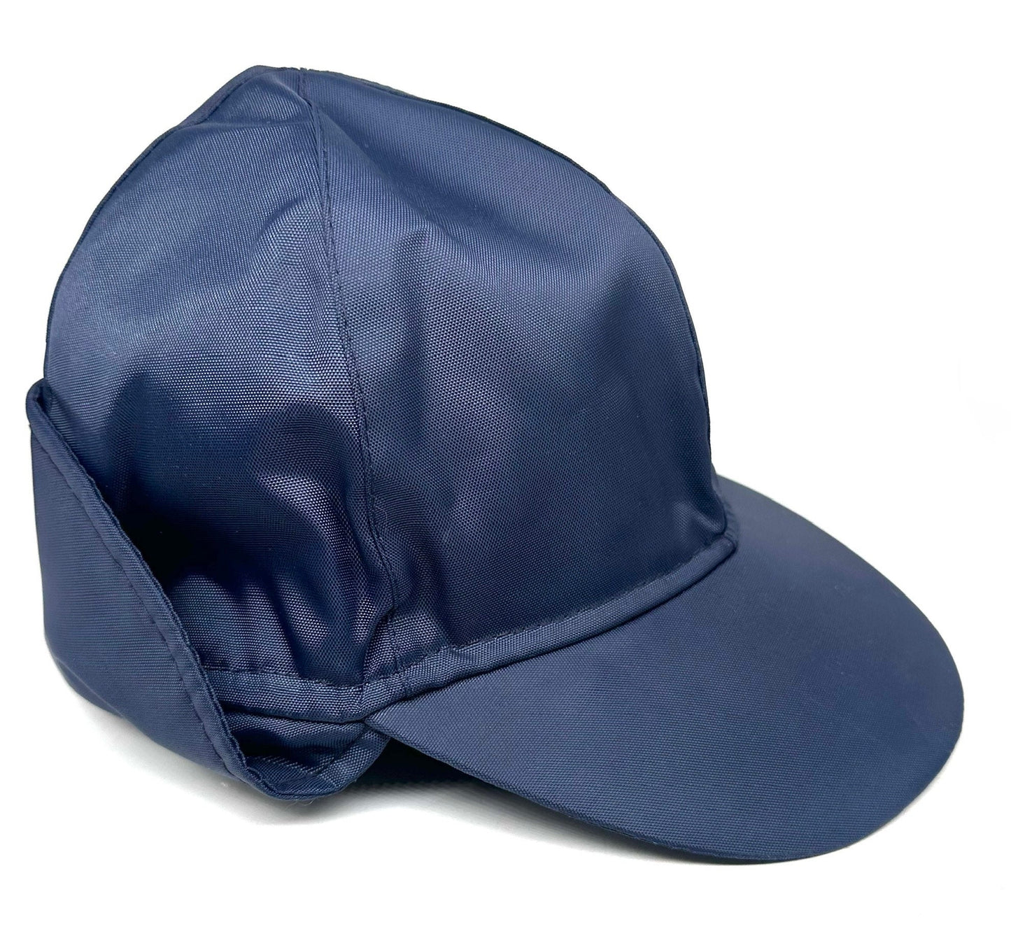 Sherlock Holmes style navy nylon hat with retractable wool knit earpads, NoS 80s Italy, sz 55, 56