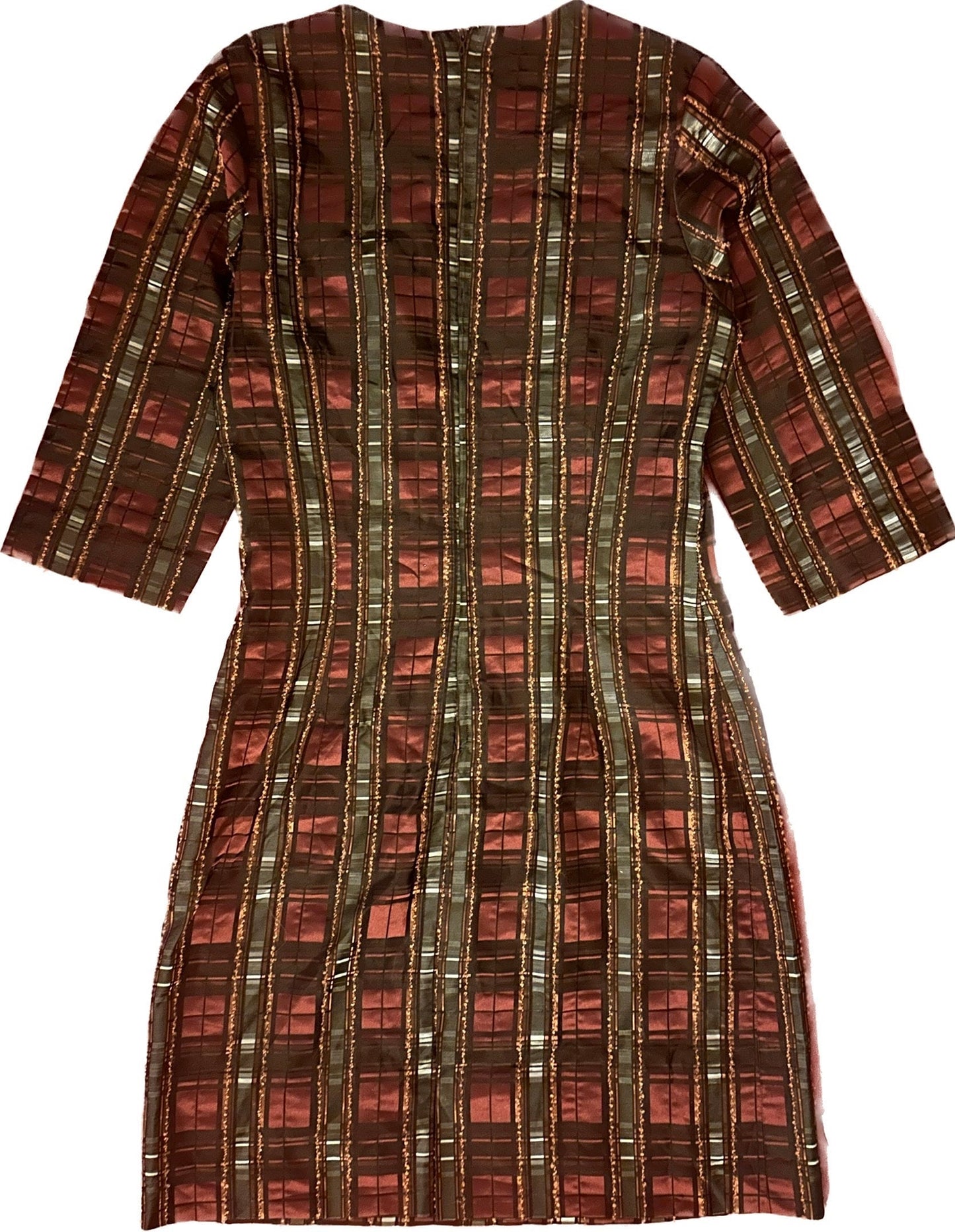 Tailor made tartan sheath dress in jacquard satin fabric, psz S/M, 1980s Italy