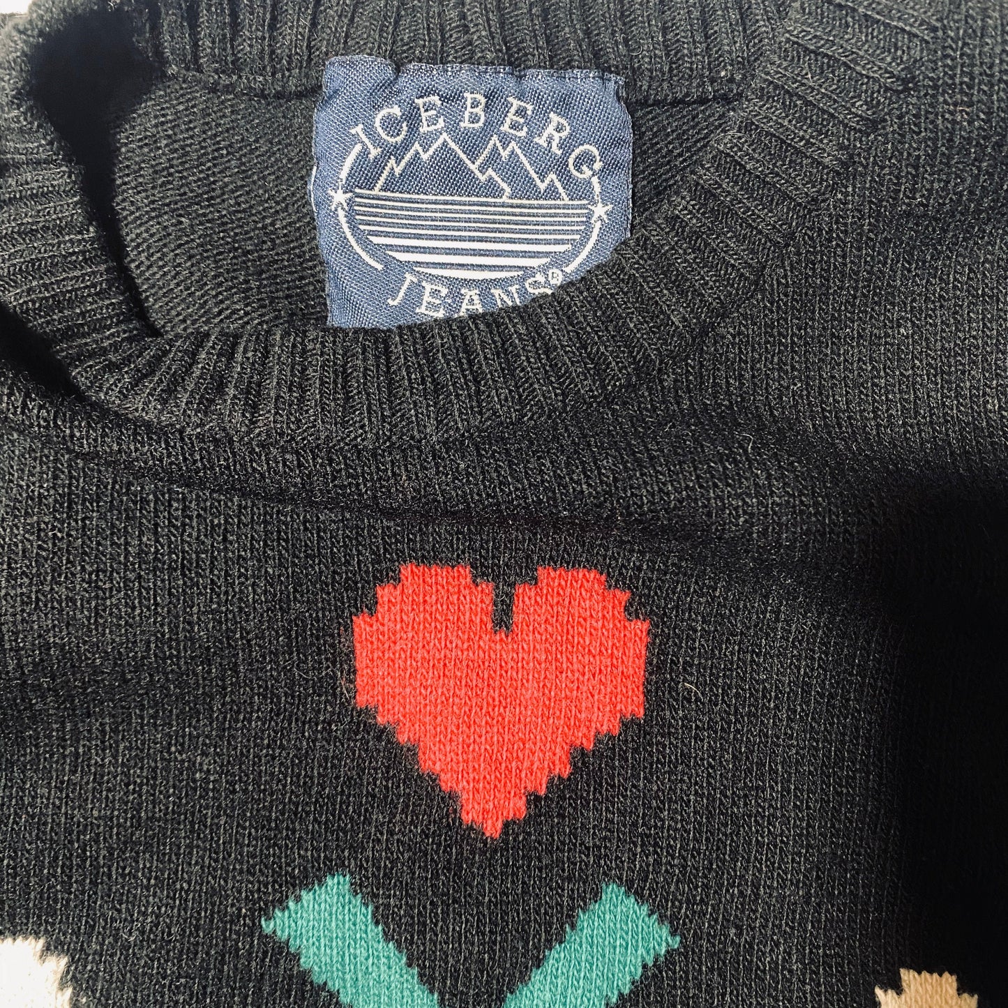 Iceberg cool Christmas colors wool sweater, black with green / red / ecru print, 90s mint condition