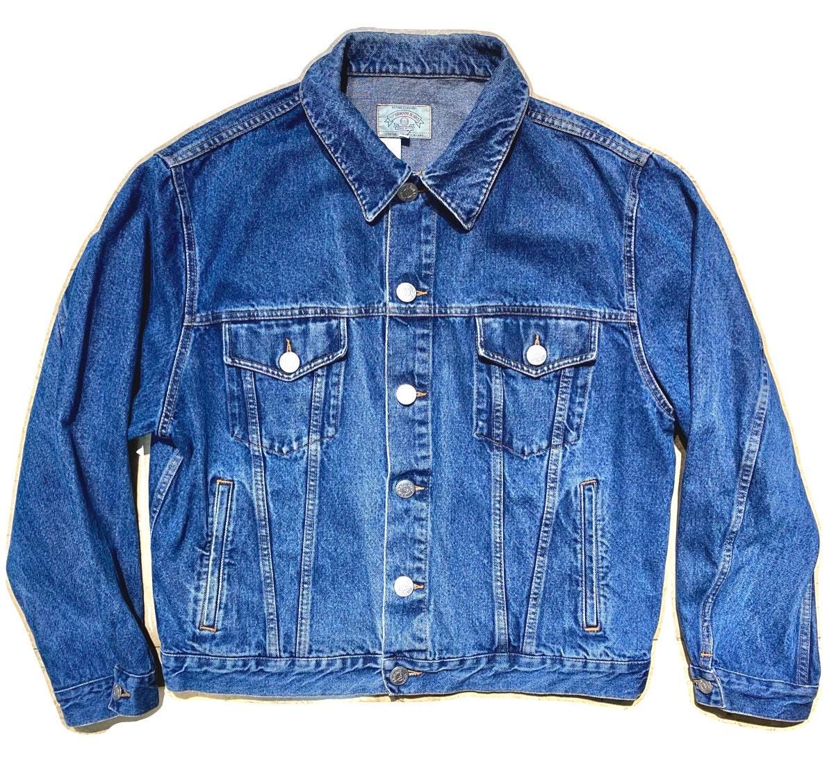 Armani Jeans classic indigo denim trucker w big embossed logo buttons, sz L, looks as new