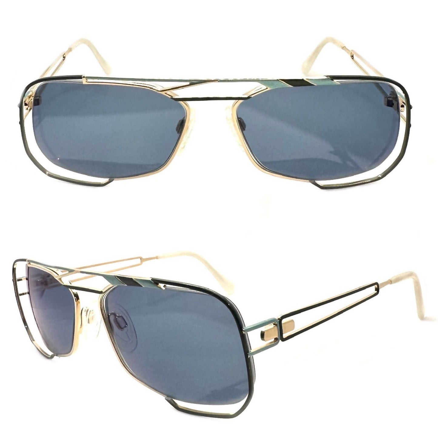 Neostyle jet 222 902 avant Garde sunglasses; gold w green and cyan enamel details & white cream ends, NOS 90s Germany