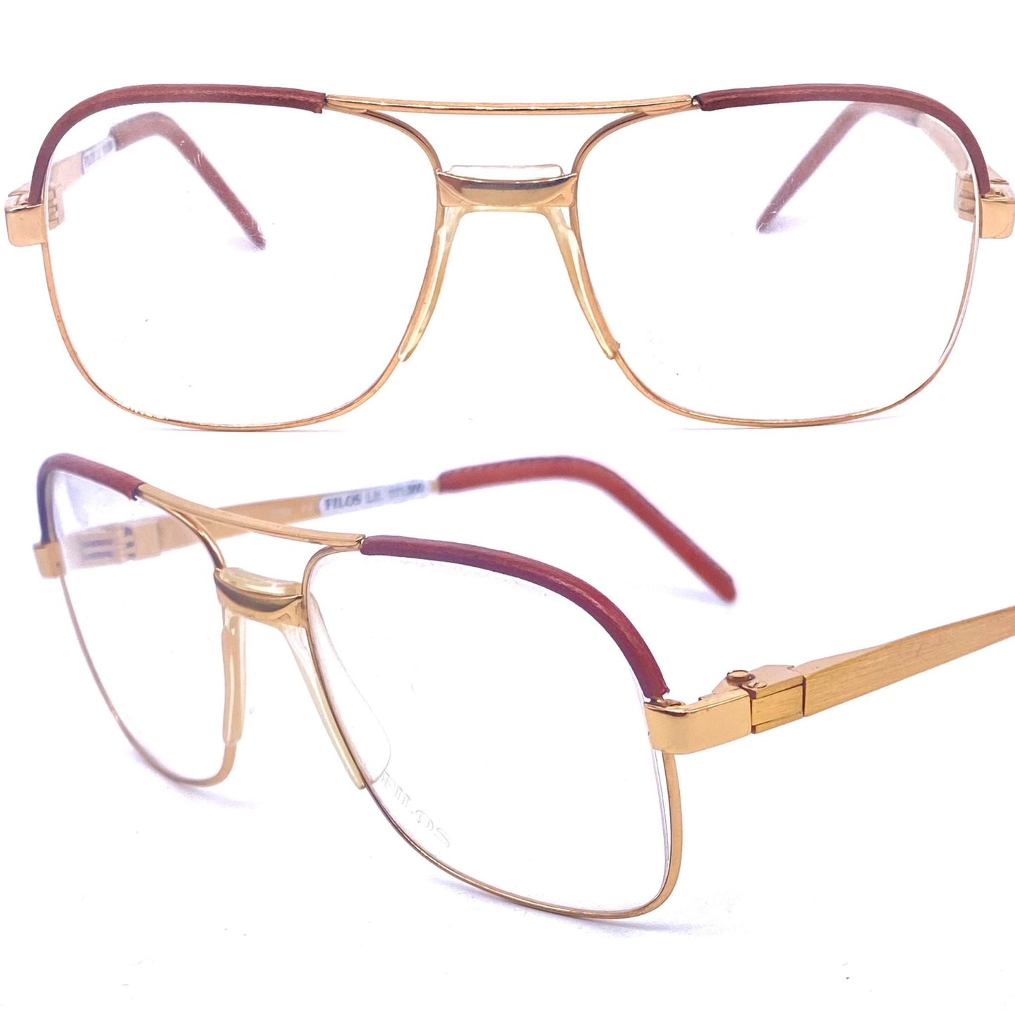 Filos dbl bridge square golden metal aviator frames with leather inserts, NOS 80s hand made in Italy