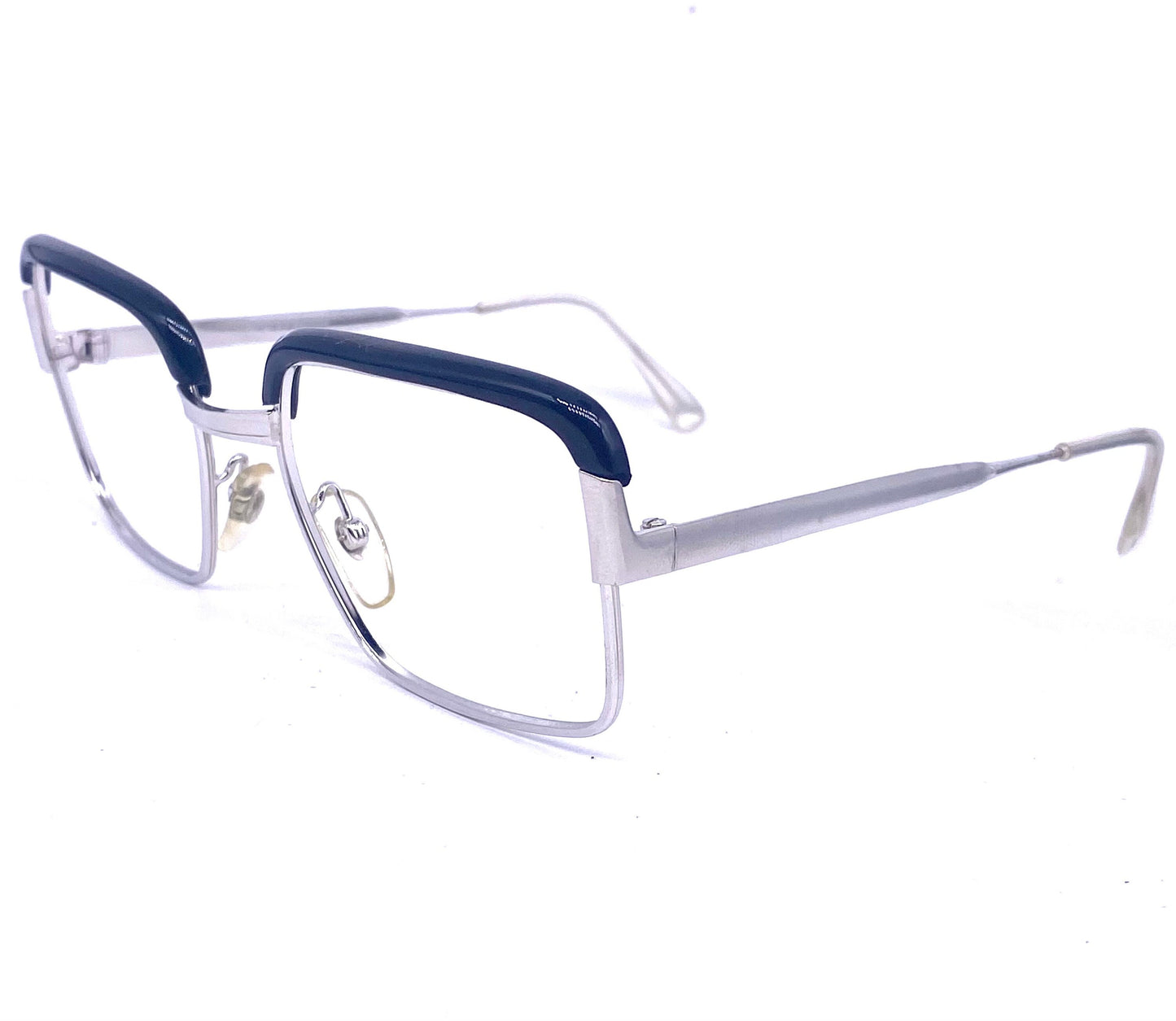 MetalVista Nobel 60s geek square silver frames with black rolled brows, NOS made in Italy