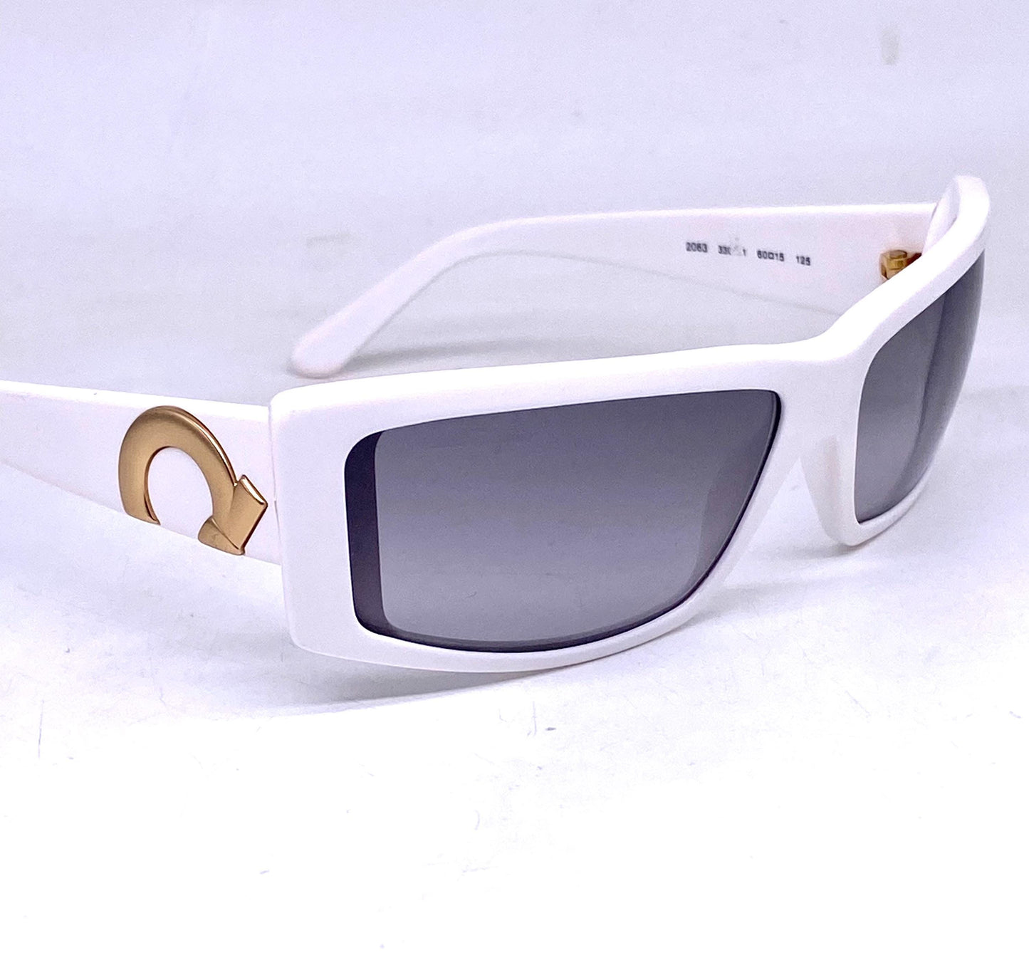 Ferragamo white acetate rectangular sunglasses w golden metal details / logo inlays, NOS