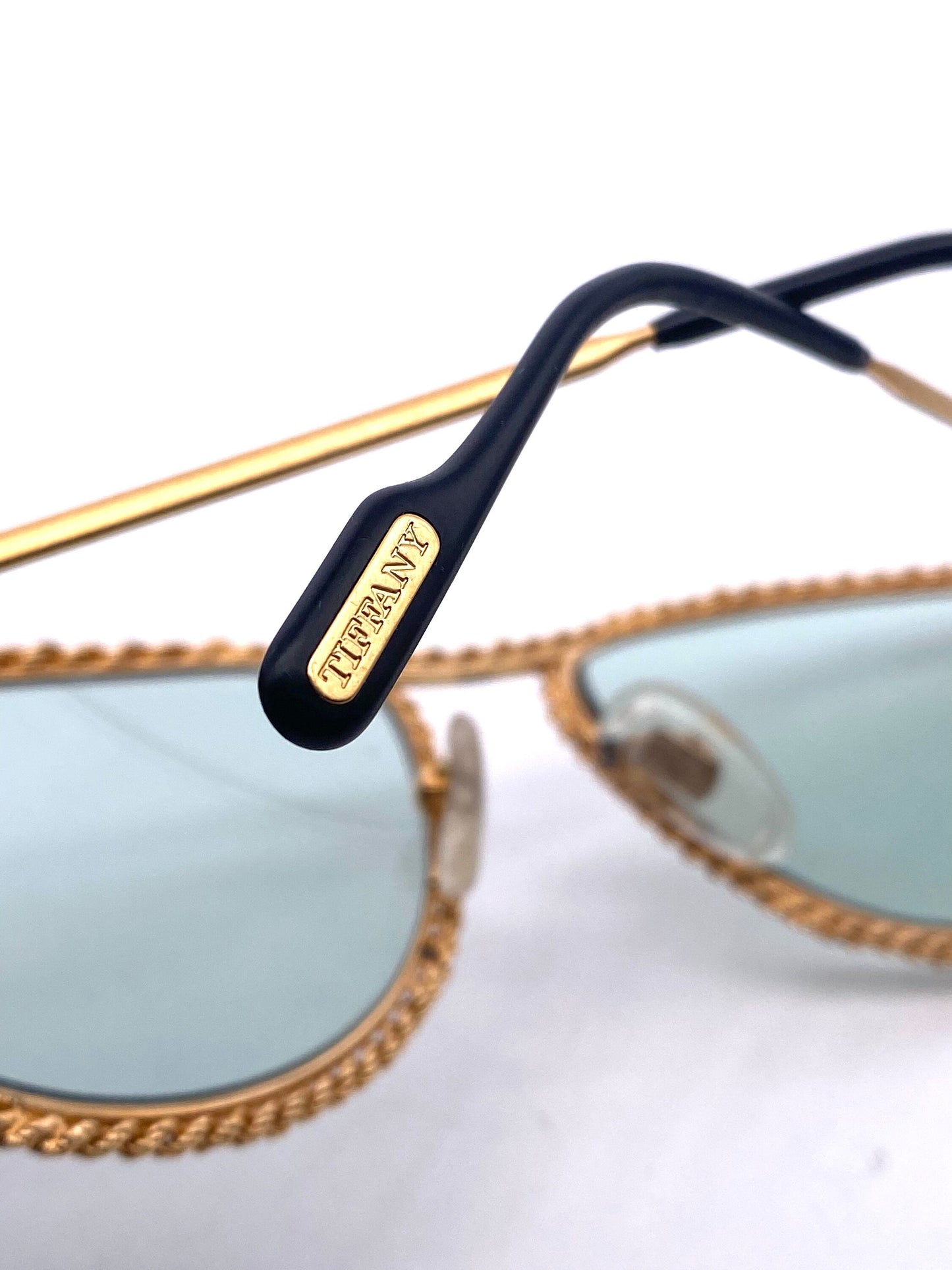 Tiffany Soloist T1-03 23k gold plated rope style rims cateye sunglasses, 1980s NOS