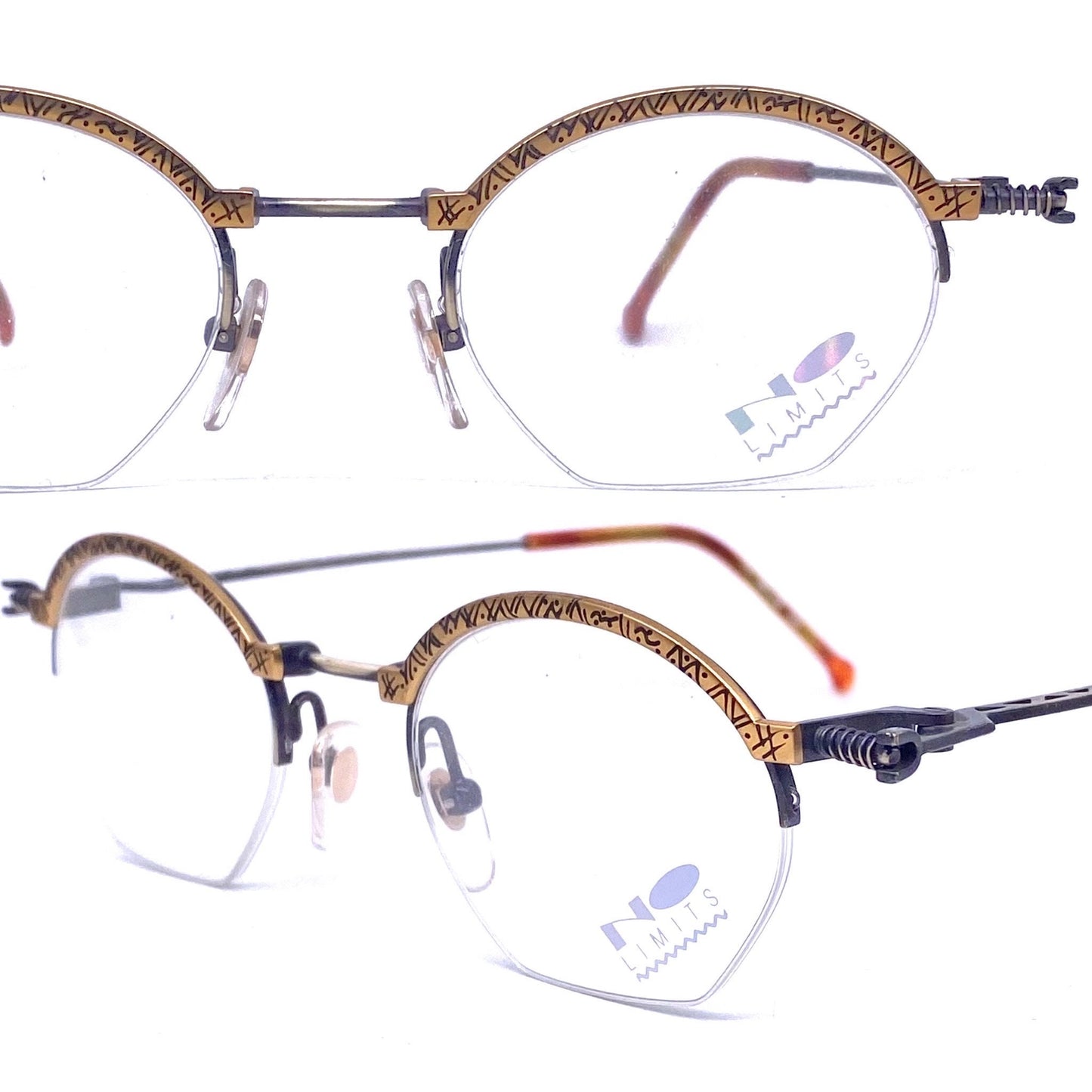 No Limits 8345 oval steampunk half rim eyeglasses w- abstract printed rims and active spring hinges, NOS 80s