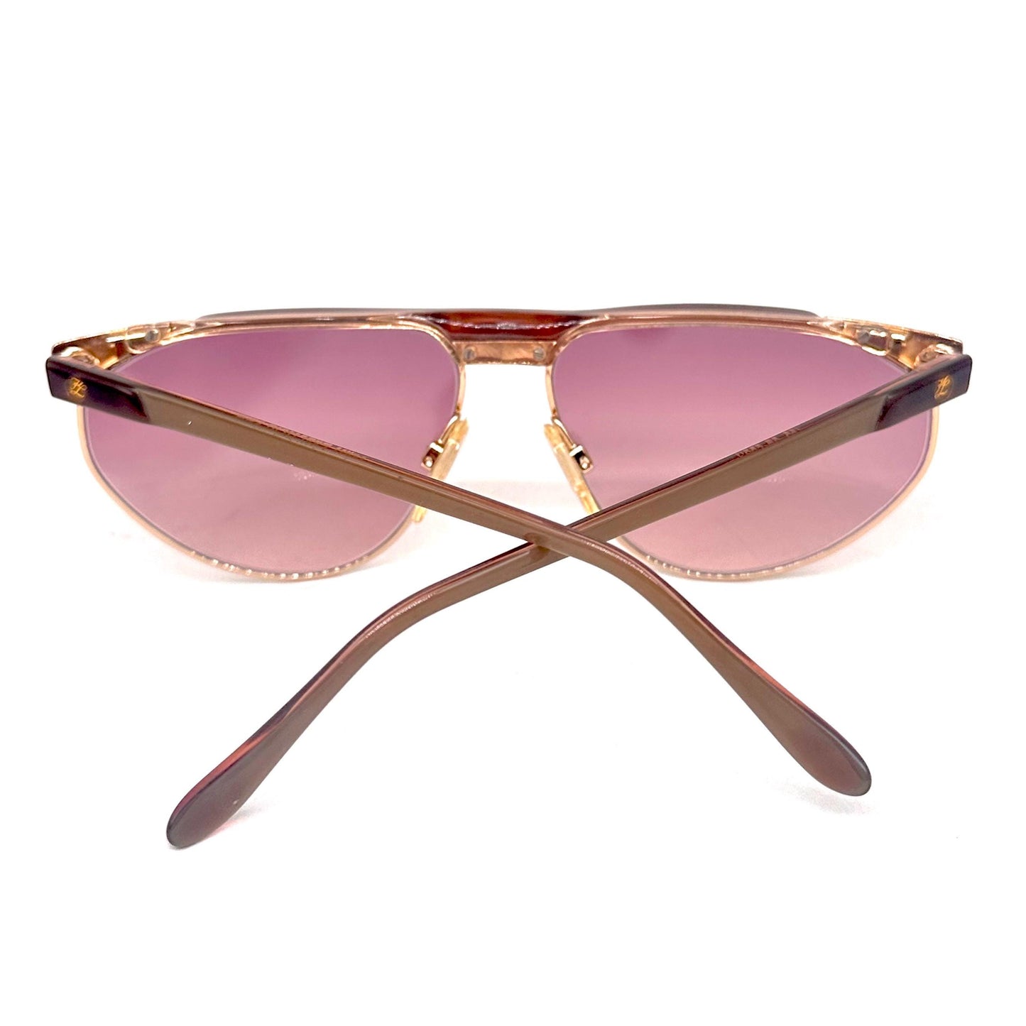 Karl Lagerfeld 109 58 903 brown tortoise and gold frame with chess detail on the sides vintage sunglasses w/ gradient purple lens, NOS
