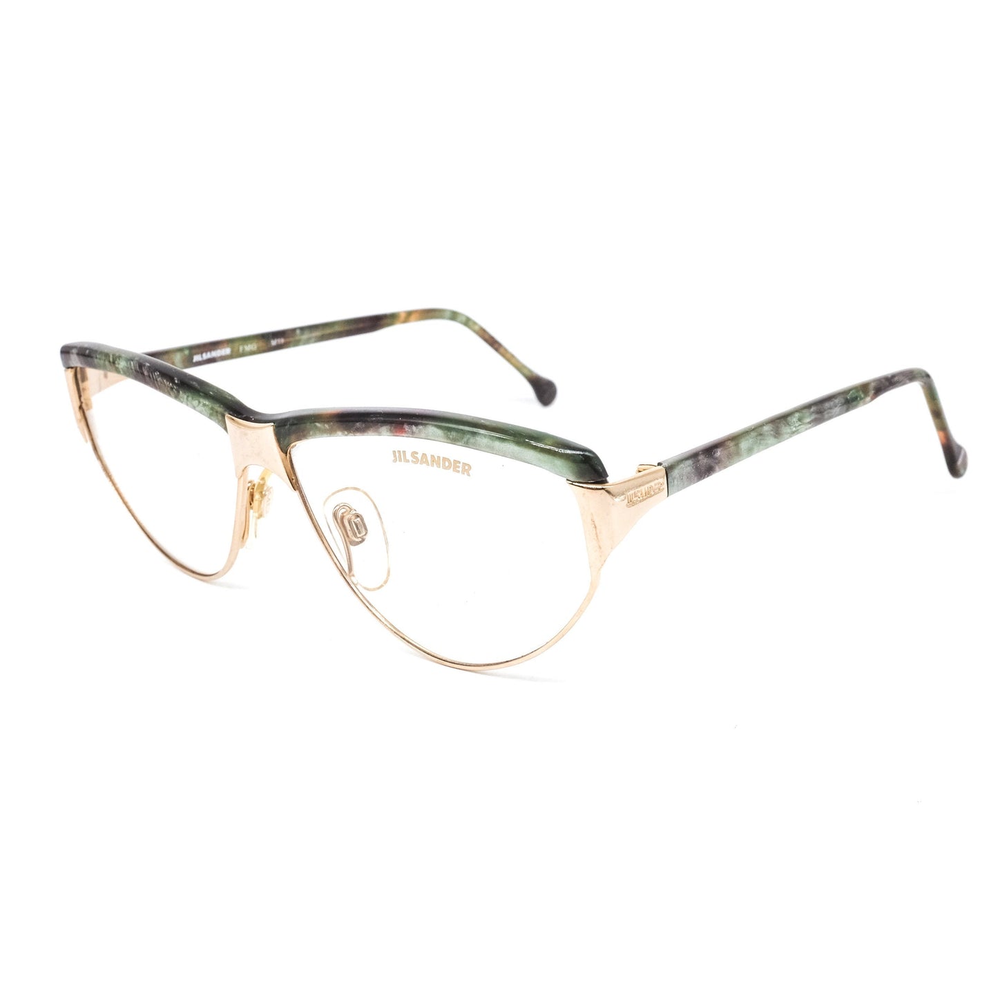 Jil Sander satin gold cateye eyeglasses frames with greenish tortoise browline and temples, Italy 80s NOS