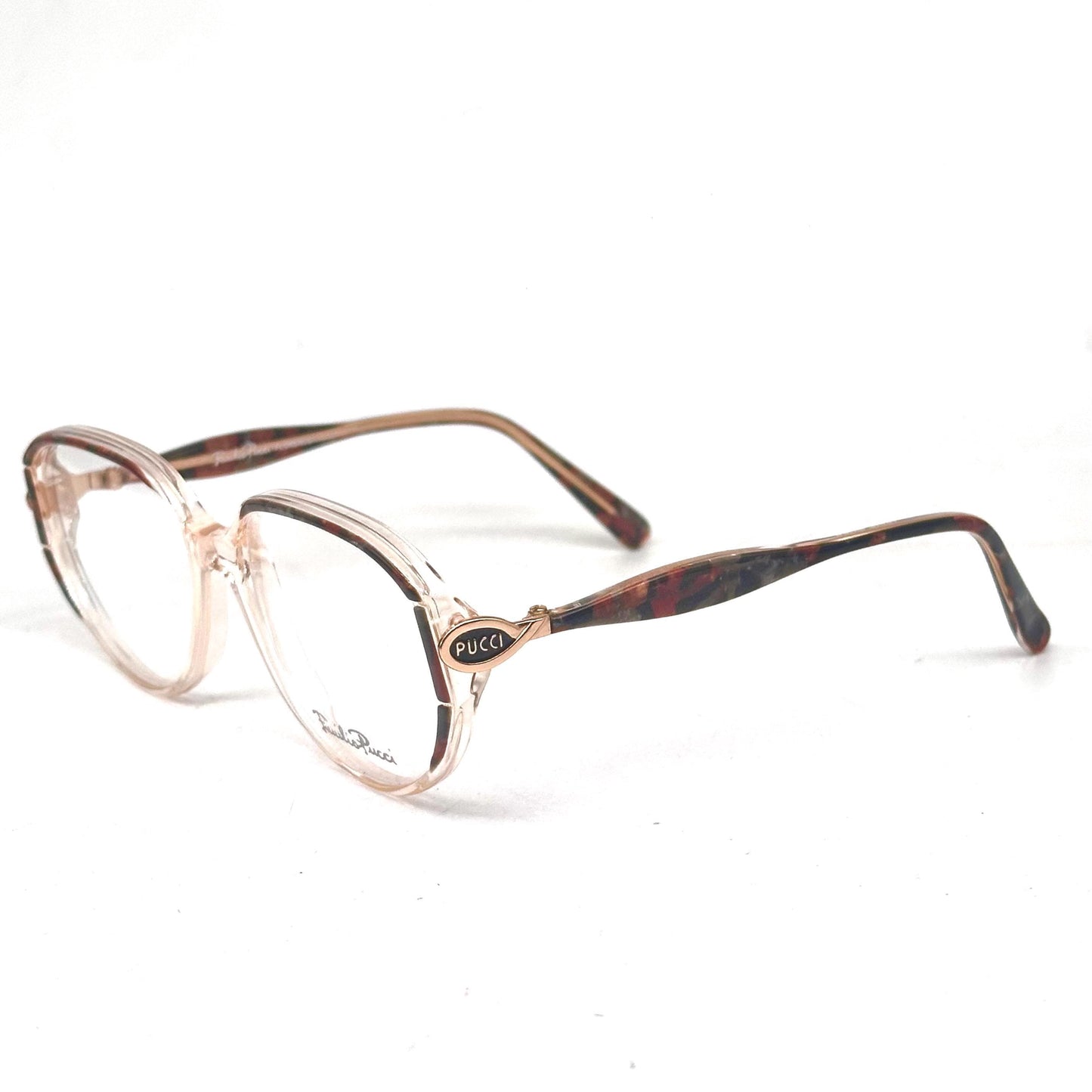 Emilio Pucci 492 clear eyewear detailed with brown and black marble parts and gold temples 80s NoS Made in Florence