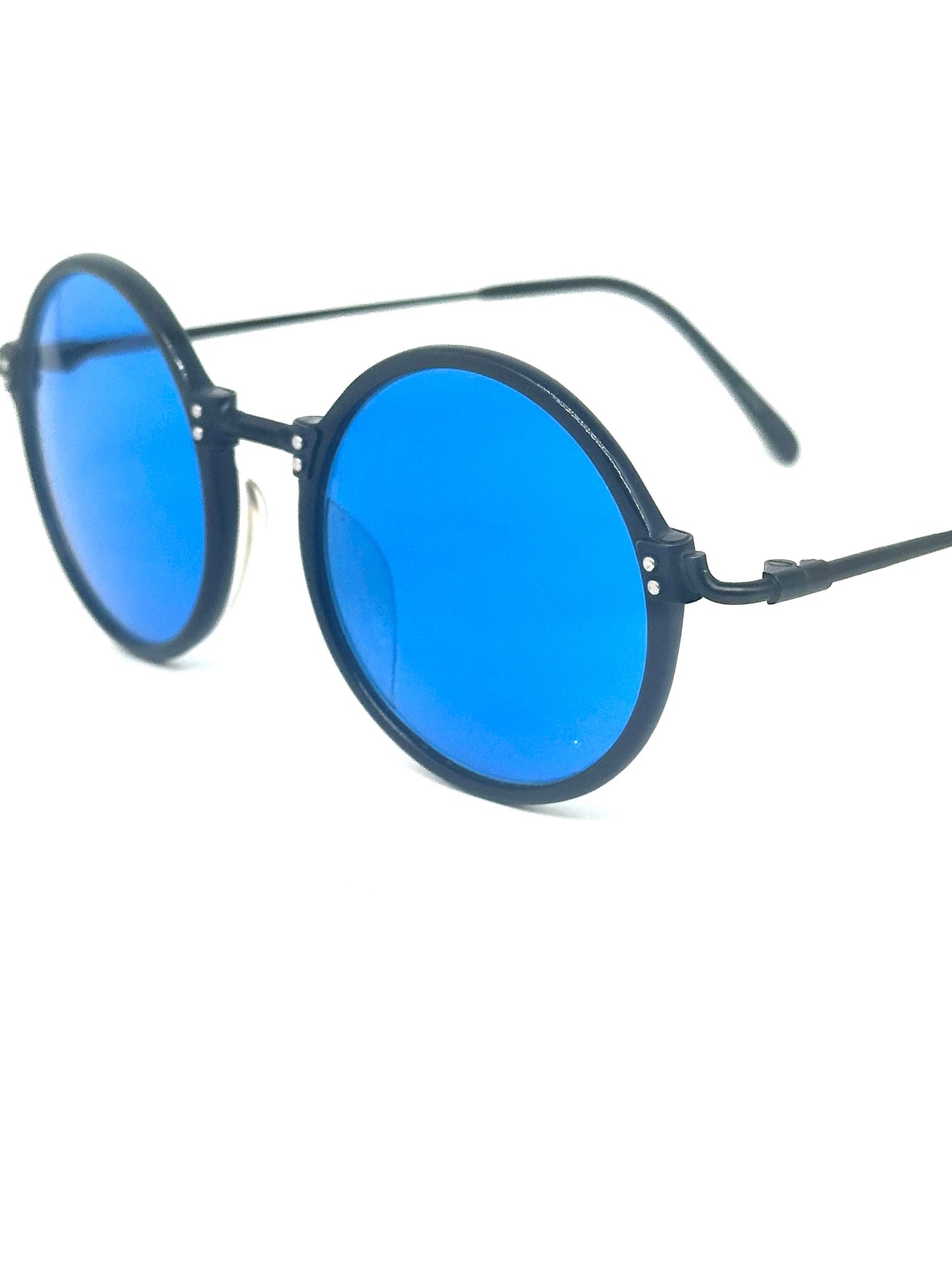 Jean Paul Gaultier 55-7261 black steampunk round sunglasses with blue lenses, NOS 80s Japan