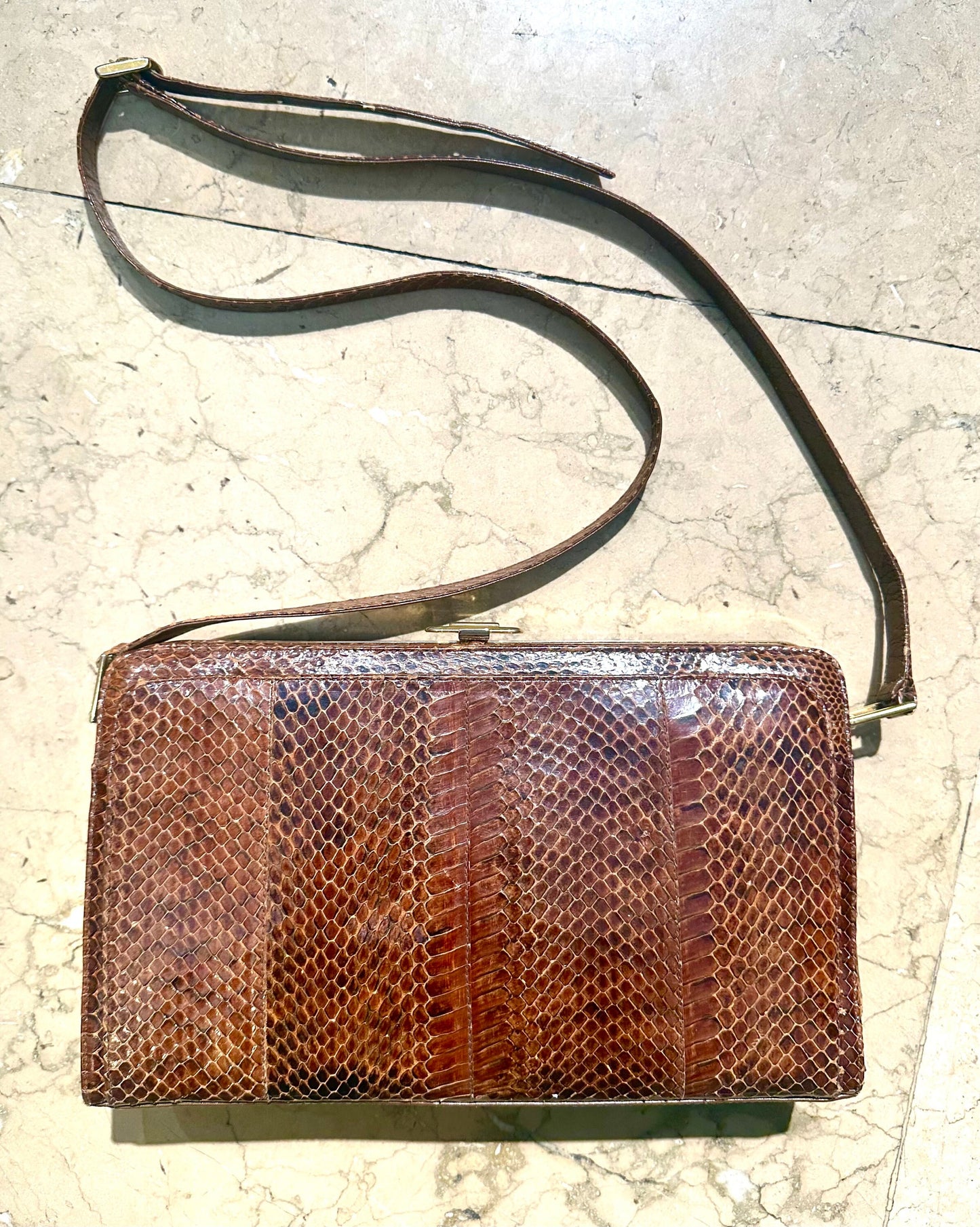 1970s artisanal snake leather shoulder bag, brown phyton skin evening pouch bag w/ golden brass framing, NOS 70s.