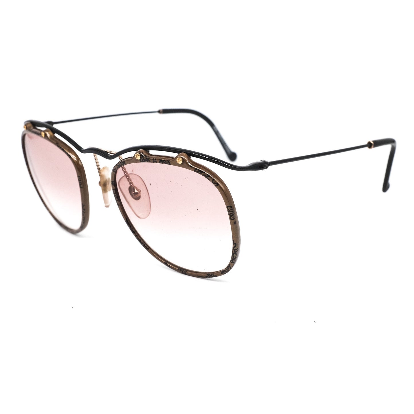 Christian Lacroix 7332 vintage round square sunglasses with black metal cable browline temples and brown acetate rim, 80s nos Germany