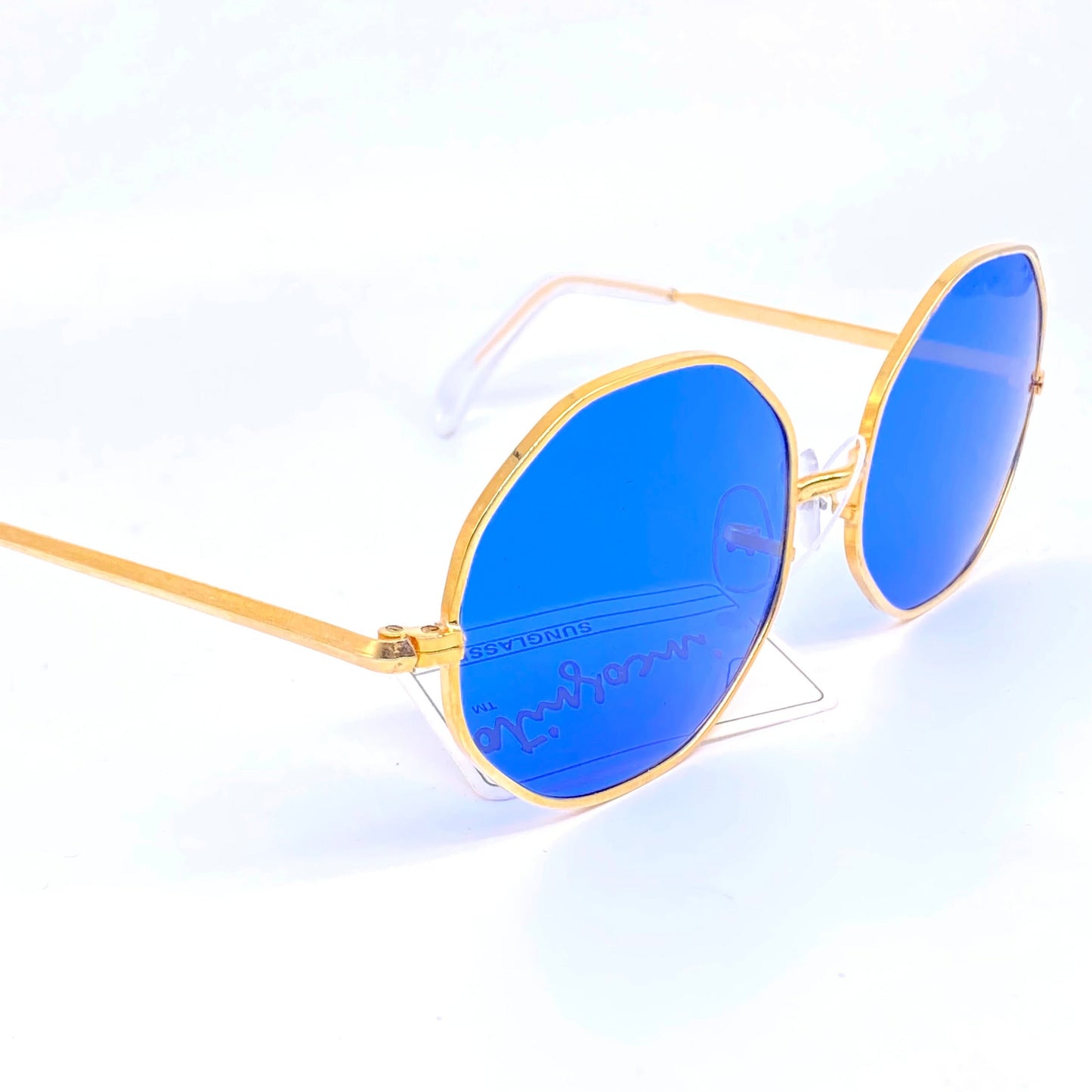 Incognito oversize octagonal sunglasses in golden metal w blue crystal lenses, NOs 70s Japan