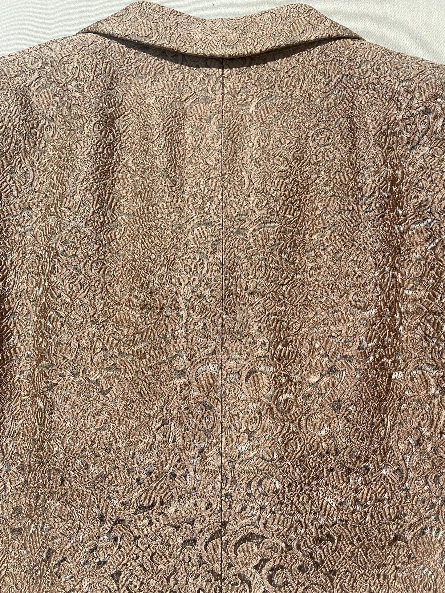 1960s sartorial dbl breast coat in jacquard satin brocade allover, cameo color w beige lining, as new