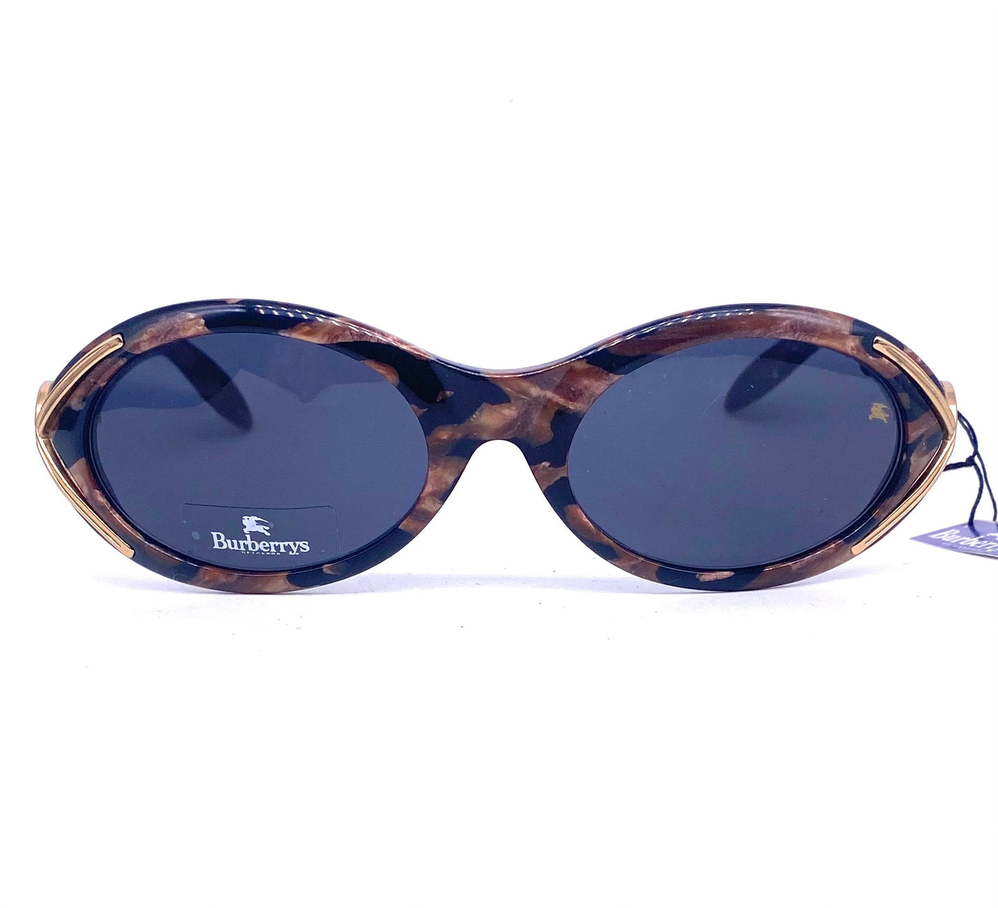 Burberrys oval wrap tortoise sunglasses w Carved logo on golden metal hinges , NOS 90s
