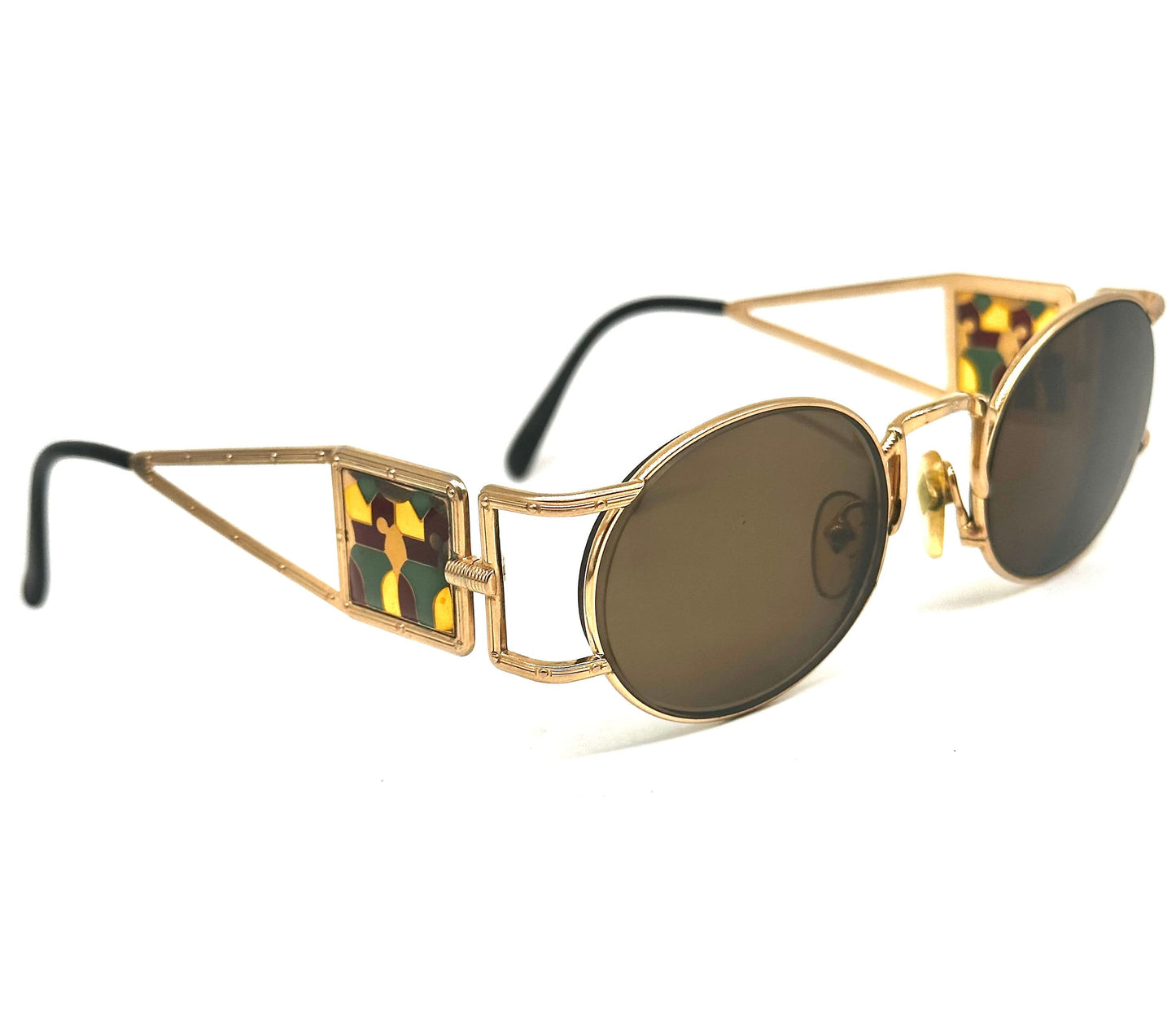 Jean Paul Gaultier 56-4672 rare gold plated round steampunk sunglasses w stained glass inspired temples, used in mint condition