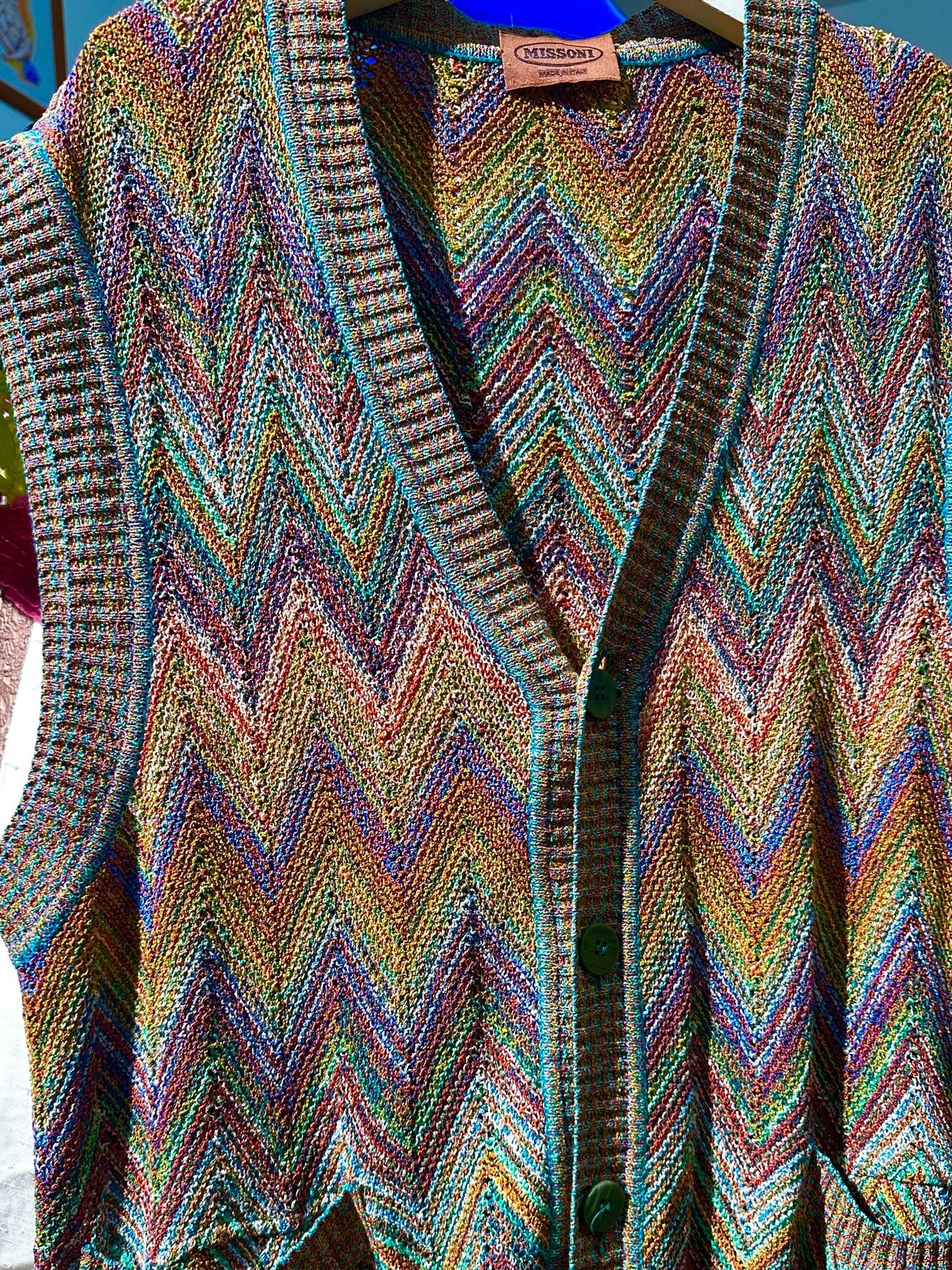 Missoni iconic colorful zigzag stripes cotton-linen knit cardigan vest made in Italy, 1980s mint sz 50 / L