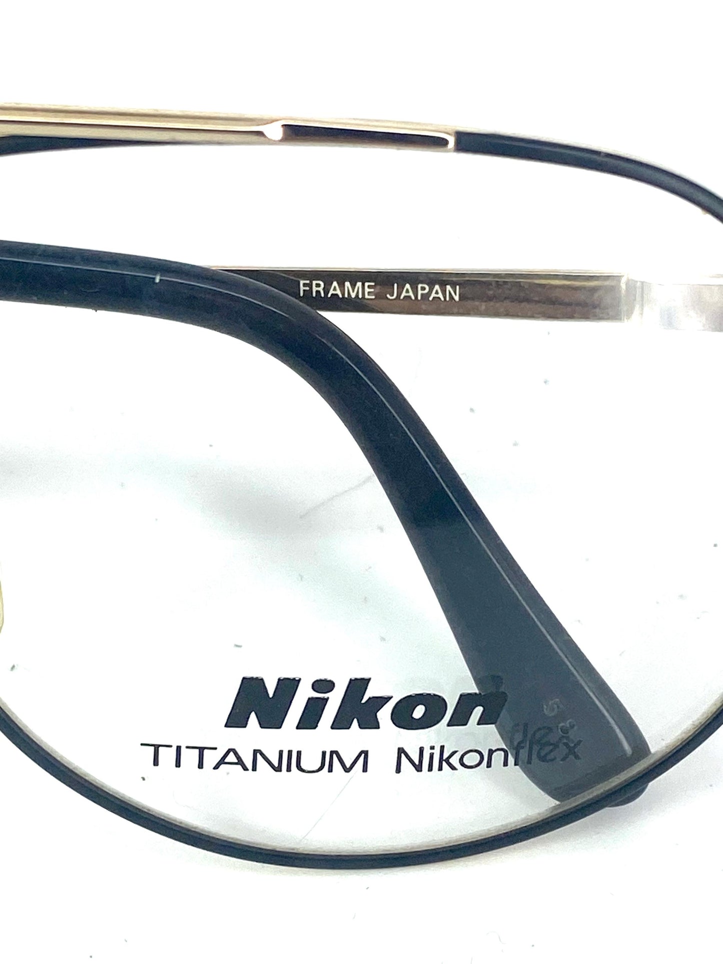 Nikon 4308 Japan classy gold titanium aviator frames w black enameled rims, NOS 80s mint
