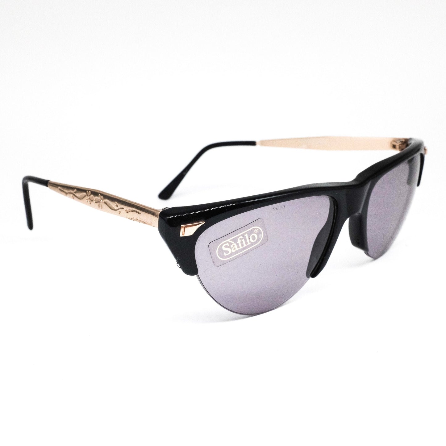 Safilo 1950s style black cateye sunglasses with golden carved temples, NOS 70s  Made in Italy