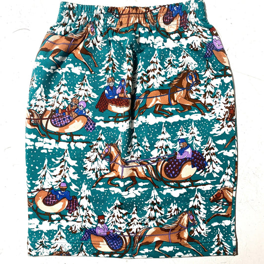 Greenfield Christmas print horse sleights in green pine forest cotton jersey skirt, 80s NOS sz M