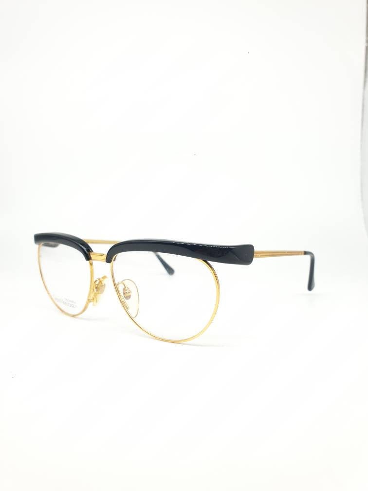 Gianni Versace V86 gorgeous oversized eyeglasses, black cutoff wings frame and golden temples, 90s NOS