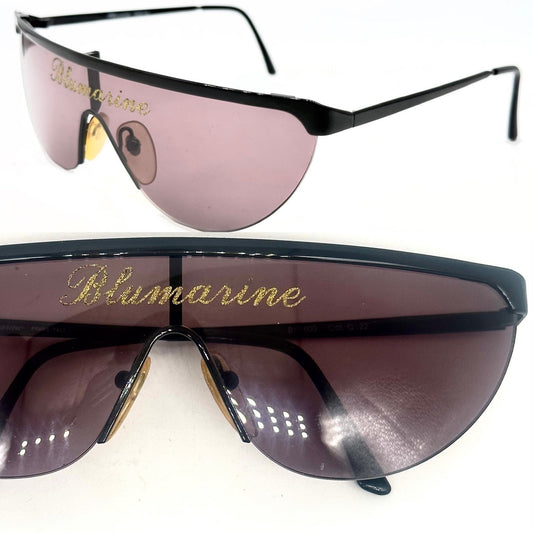 Bluemarine BM600 runway black shield sunglasses w golden glittered signature, NOS 80s Mint