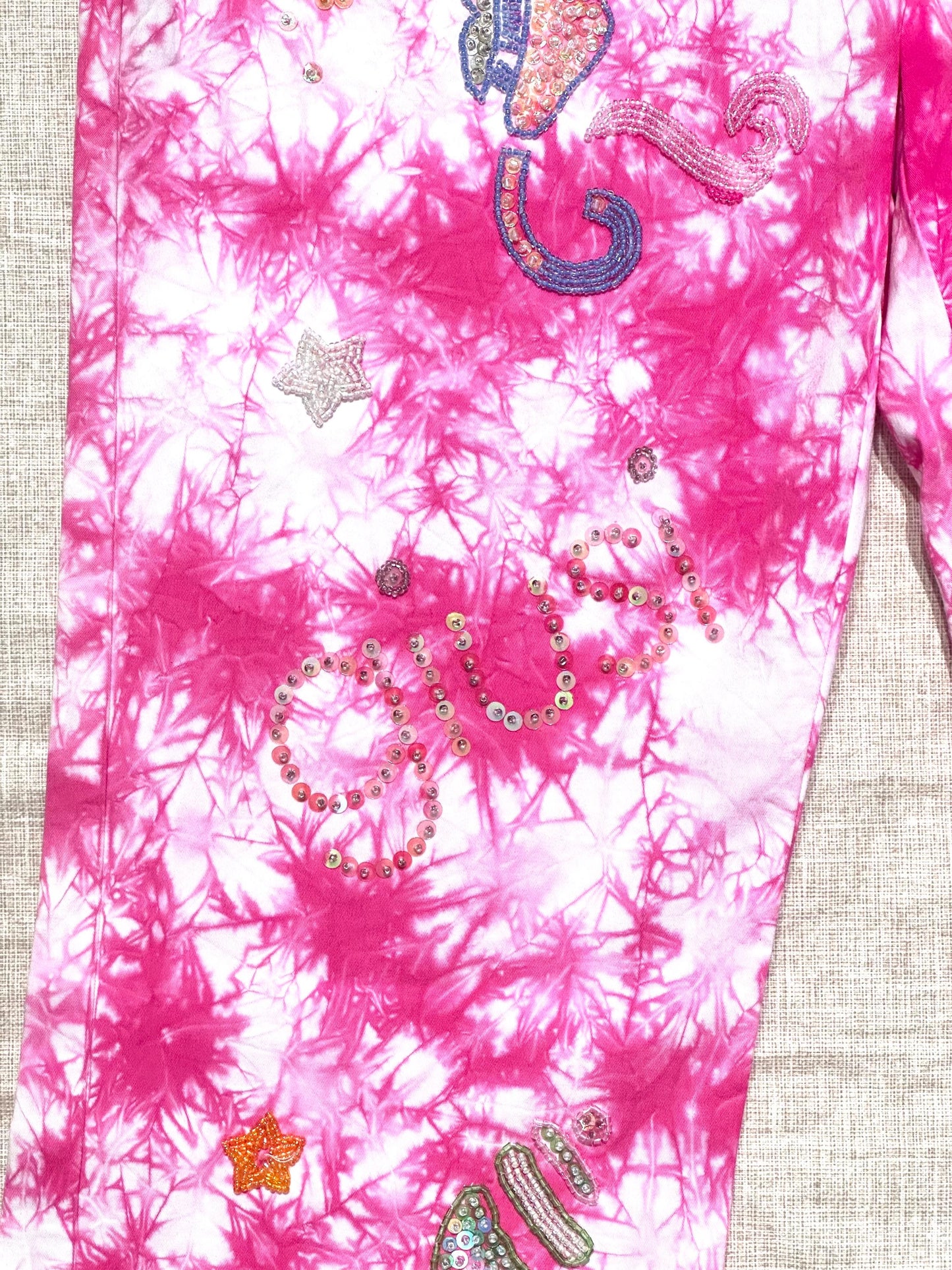 Giusi Slaviero vintage tie dye flare pink bootcut pant with bead embroidery shells, stars and aquatic animals size 42 NWT