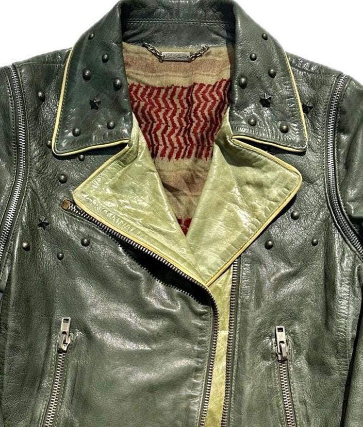 Le Sentier luxury military green studded chiodo-vest with kefiah lining & detachable sleeves, mint