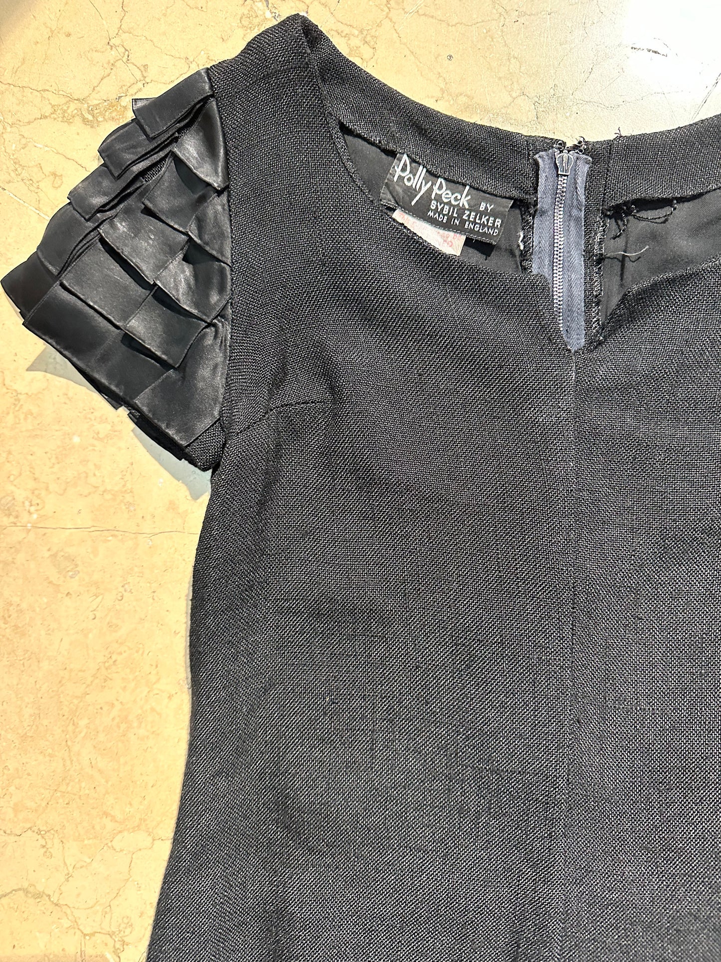 Polly Peck by Sybil Zelker 1960s black linen dress w pleated ribbon detail, mint
