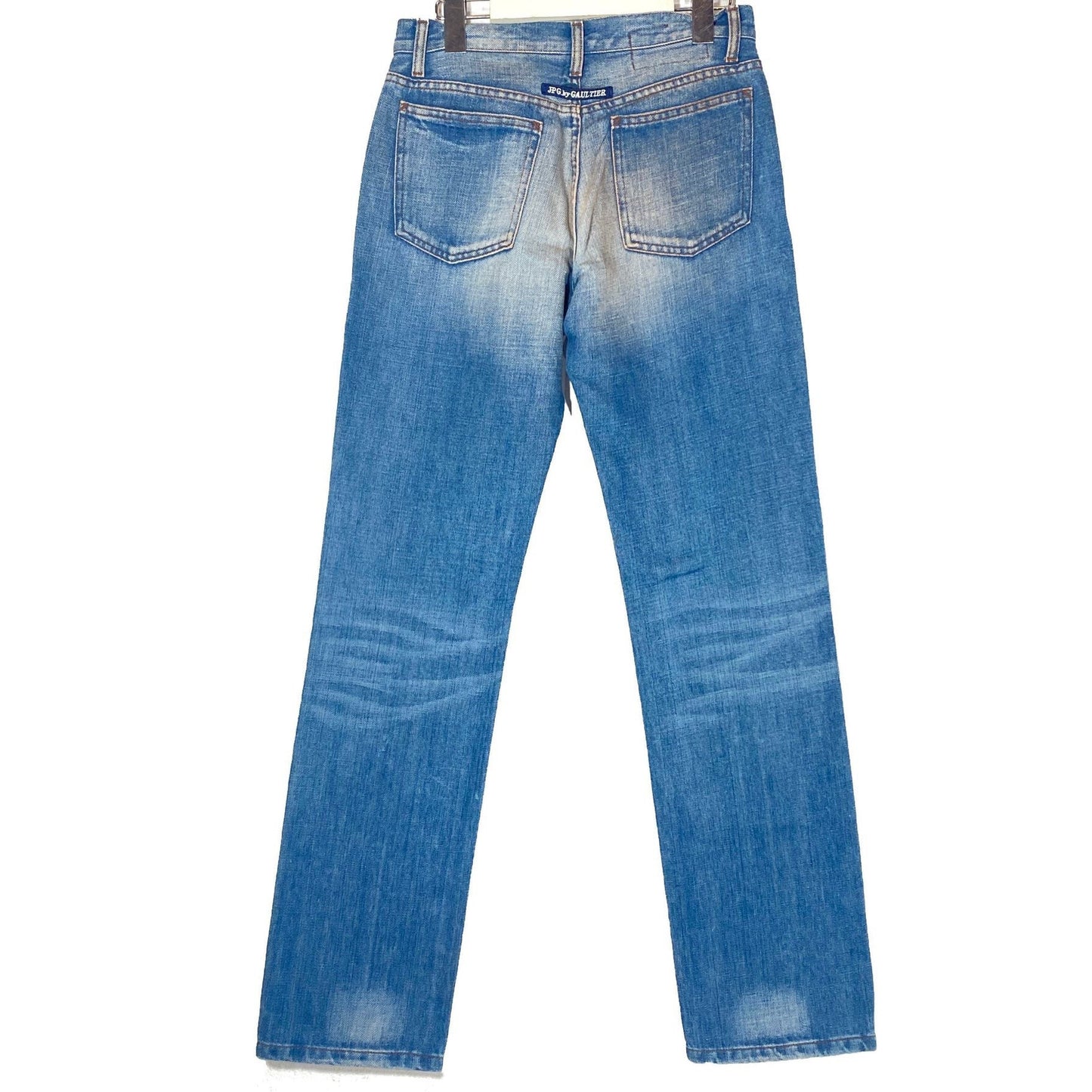 Jean Paul Gaultier 90s NOS straight blue jeans “used look, mint and with tags sz 27