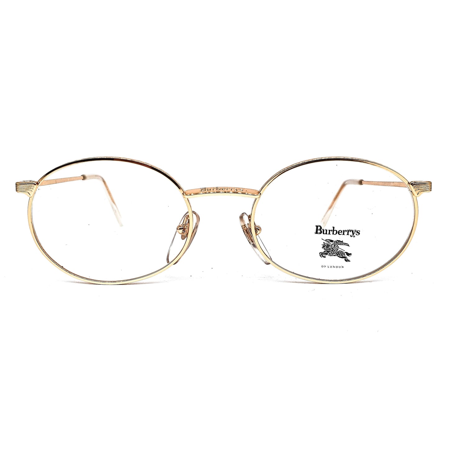 Burberrys B56-01 montature per occhiali ovali metalliche dorate moderniste vintage con classico tartan sulle aste, NOS anni '90 Francia