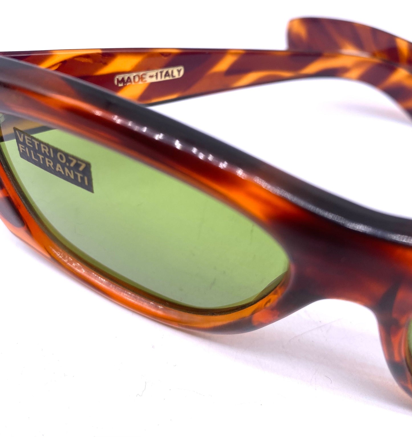 1960s Solflex square oversized tortoise sunglasses with green crystal lenses, NOS Italy