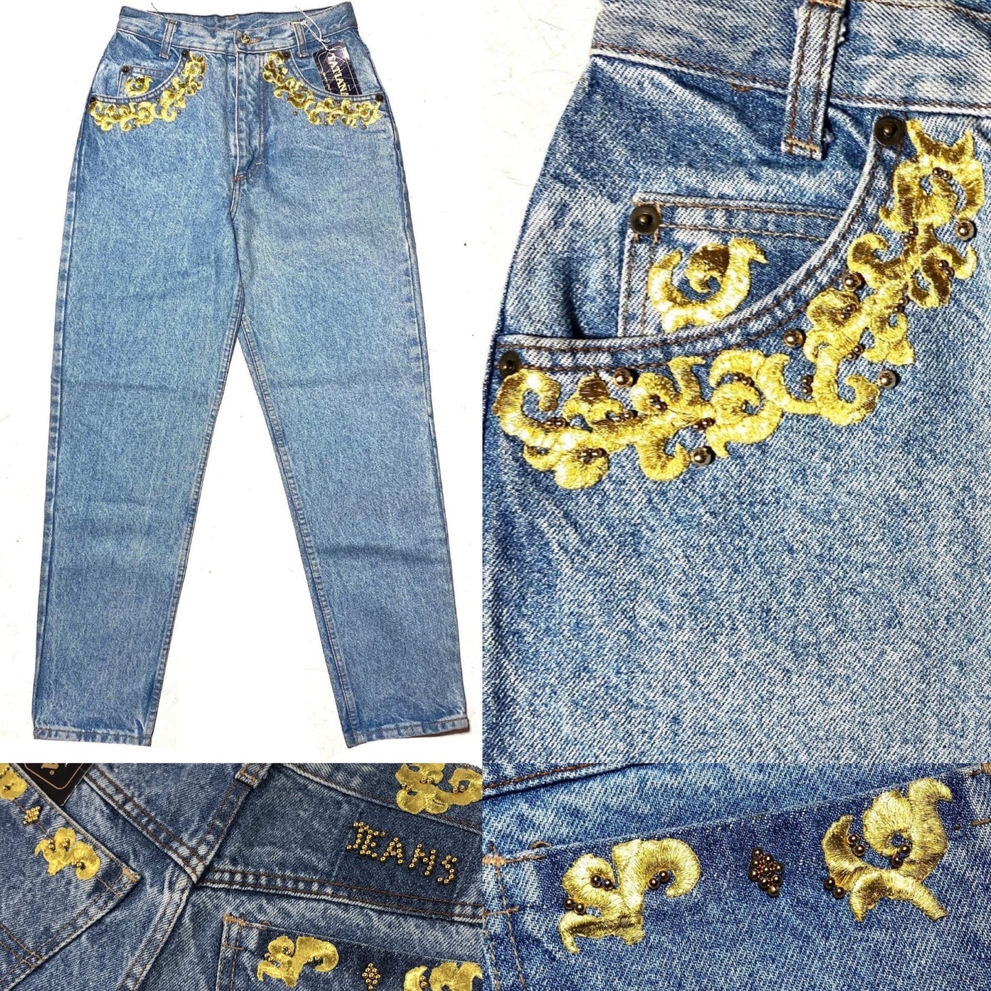 Baroque jeans w/ gold embroidered pockets on the front and back, very unique piece, classic straight cut, 90s NoS Italy